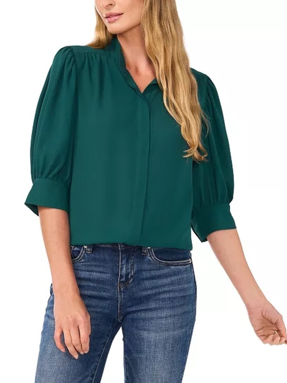 🌲 CeCe Women's 3/4 Sleeve Button Down Dark Forest Green Collar Blouse - Size L